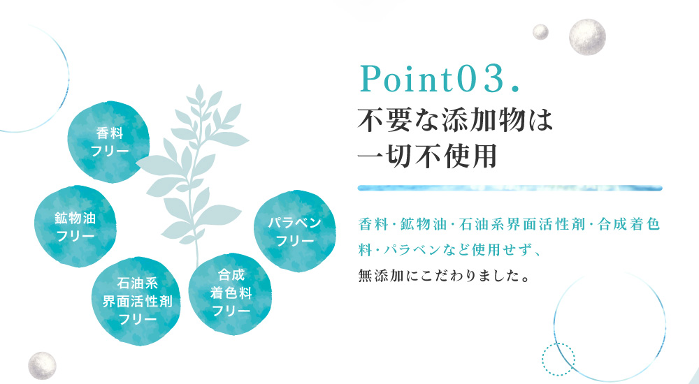 不要な添加物は一切不使用。香料・鉱物油・石油系界面活性剤・合成着色料・パラベンなど使用せず、無添加にこだわりました。