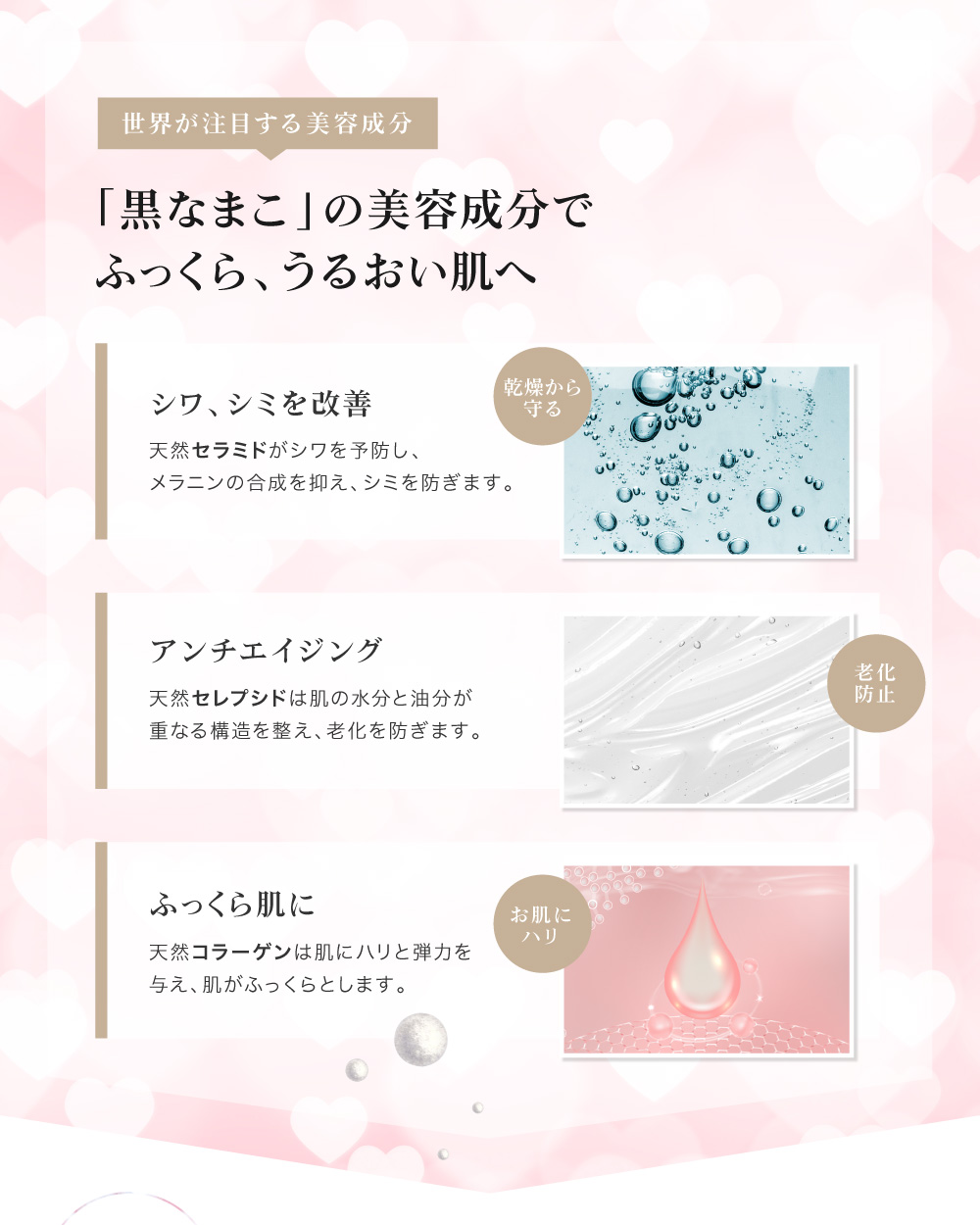 黒なまこには、セラミド・コラーゲン・レセプシドなど、美容に嬉しい天然の保湿成分が豊富に含まれています。お肌に優しくアプローチし、プルプルの瑞々しい弾力肌へ導きます。
