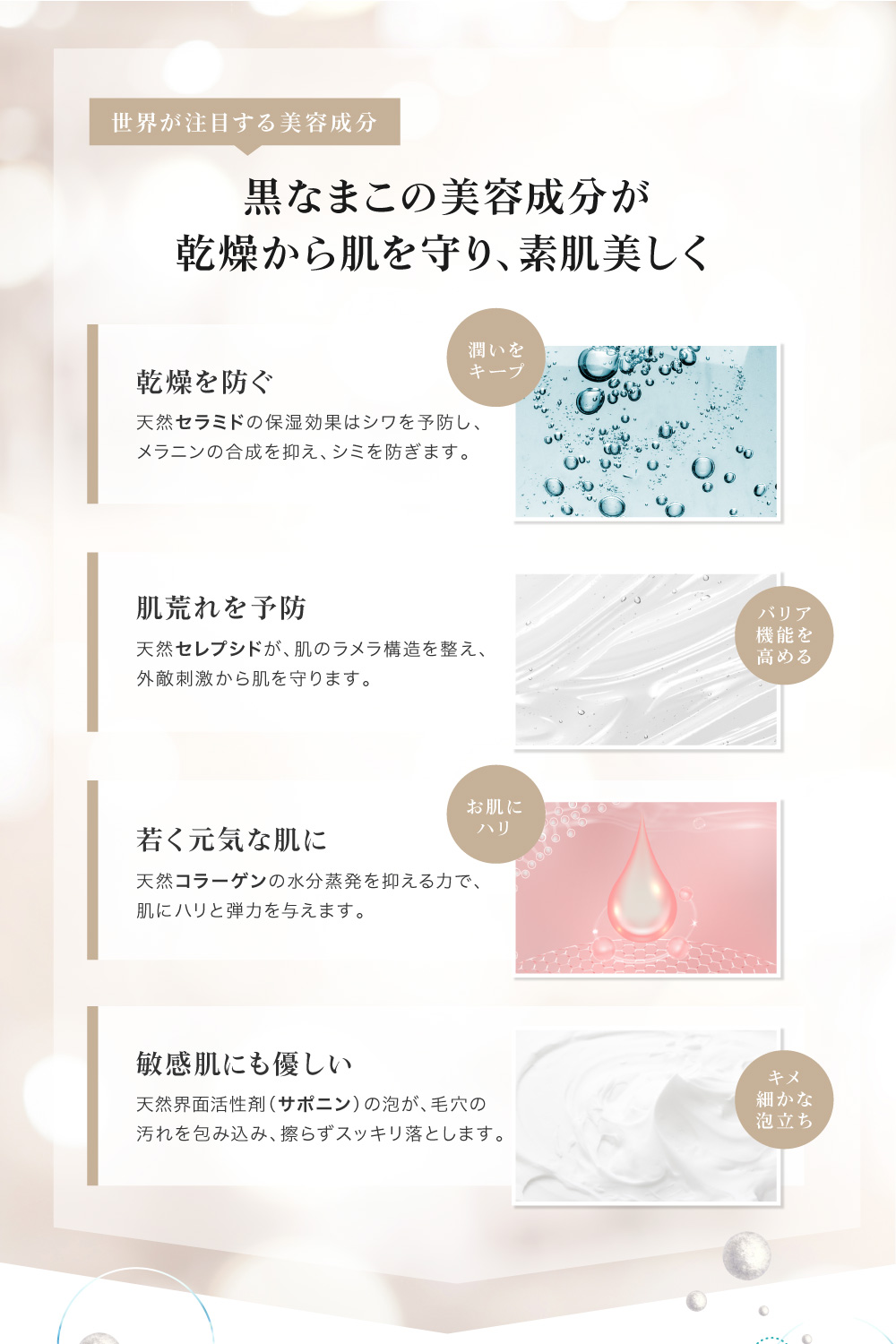 黒なまこには、サポニンやセラミド、コラーゲンなど、美容に嬉しい天然の保湿成分が豊富に含まれています。汚れを落としながらも しっかりお肌がうるおうので、洗い上がりにつっぱらず しっとりもちもち。うるおいを与えながら細かな濃密泡がお肌への摩擦を抑え、優しくスッキリ洗い上げます。