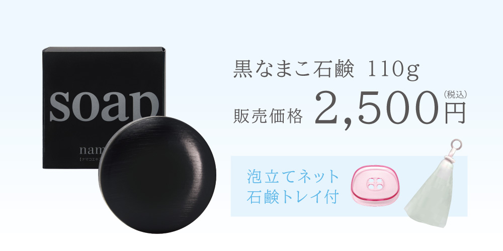 【専用泡立てネットと石鹸トレイ付きセット】は、黒なまこ石鹸110g、水切りの良い石鹸トレイ、濃密泡を作る泡立てネットの組み合わせで税込2500円。