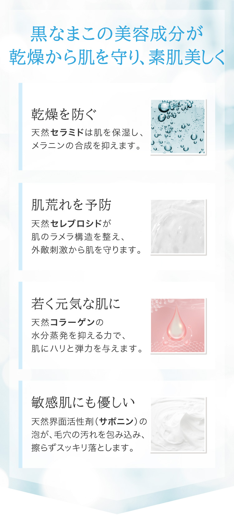 世界が注目する美容成分、「黒なまこ」の天然美容成分が乾燥から肌を守り、素肌を美しく導きます。黒なまこ石鹸に含まれる、天然セラミドは肌を保湿し、メラニンの合成を抑えます。天然セレブロシドは肌のラメラ構造を整え、外敵刺激から肌を守ります。天然コラーゲンは水分蒸発を抑える力で、肌にハリと弾力を与えます。天然界面活性剤（サポニン）の泡は、毛穴の汚れを包み込み、擦らずスッキリ落とします。