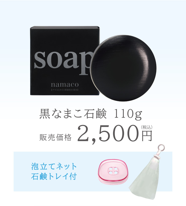 【専用泡立てネットと石鹸トレイ付きセット】は、黒なまこ石鹸110g、水切りの良い石鹸トレイ、濃密泡を作る泡立てネットの組み合わせで税込2500円。