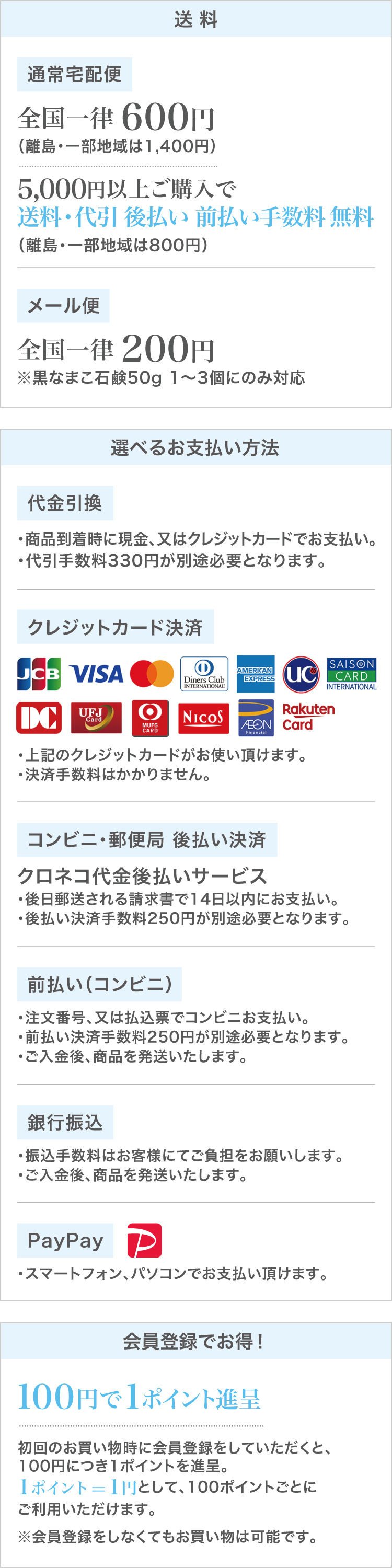 SHOPPING GUIDE ●5,000円以上ご購入で、送料・代引 後払い前払い手数料無料！ ●代引き、各種クレジットカード、コンビニ前払い・後払い、銀行振込、PayPay決済などお支払い方法が選べます。 ●会員登録をしていただくと、100円につき1ポイント進呈。次回のお買い物に1ポイント＝1円としてご利用いただけます。※会員登録をしなくてもお買い物は可能です。