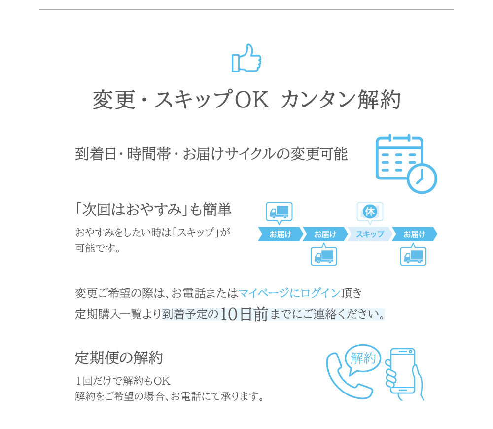 お客様のご都合に合わせて到着日・時間帯の変更ができます。1回のお届けで解約も可能です。解約をご希望の場合はお電話：0120-417-705にて承ります。