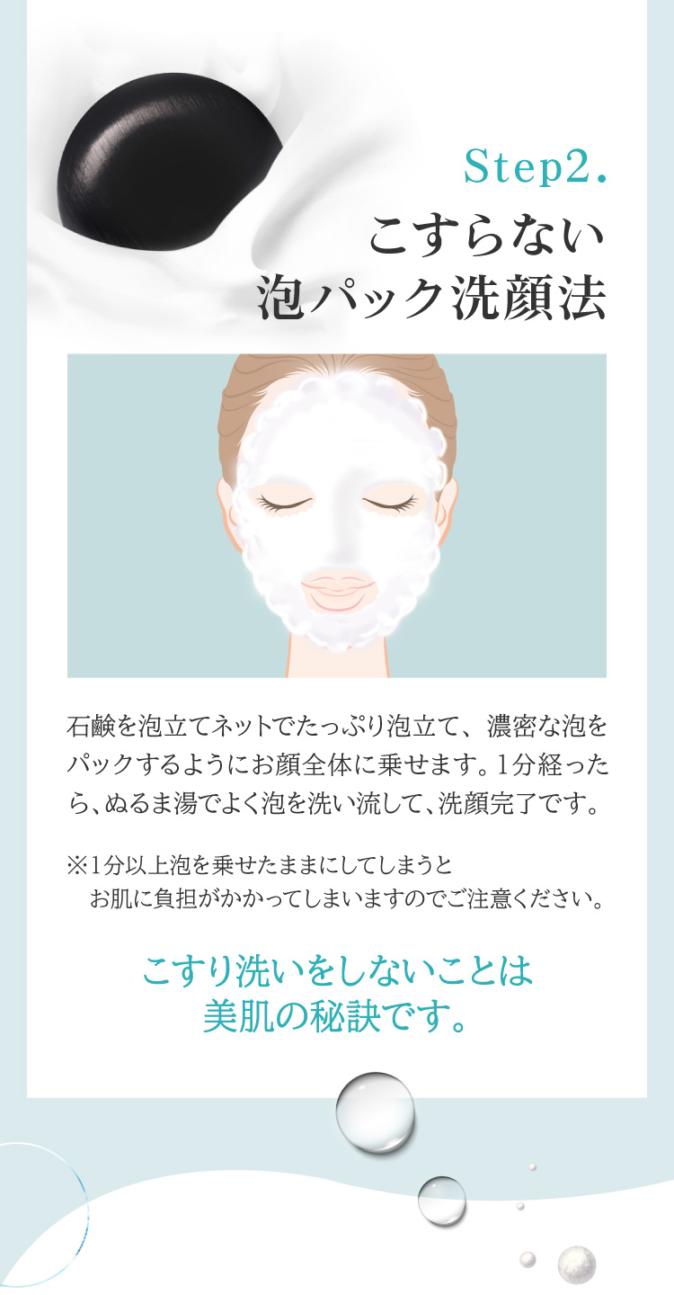 ダブル洗顔Step2.黒なまこ石鹸でこすらな泡パック洗顔法
