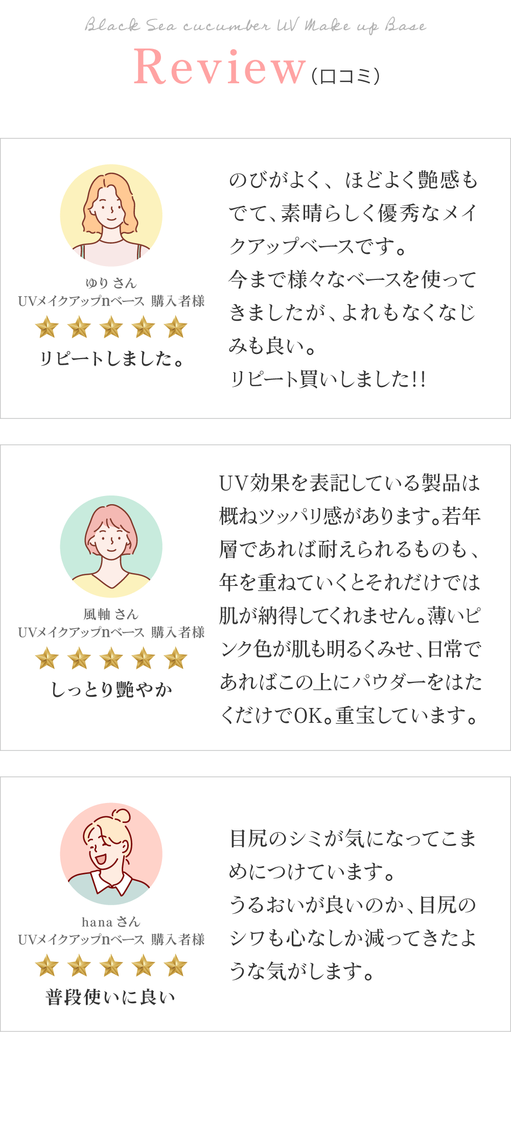 黒なまこのUVメイクアップベースのお客様レビューは「よれもなくなじみも良い。リピート買いしました‼︎」「重宝しています」「普段使いに良い」と、嬉しいお声をいただいております。