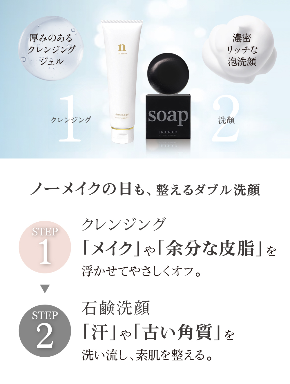 ノーメイクの日も、やさしく整えるダブル洗顔。