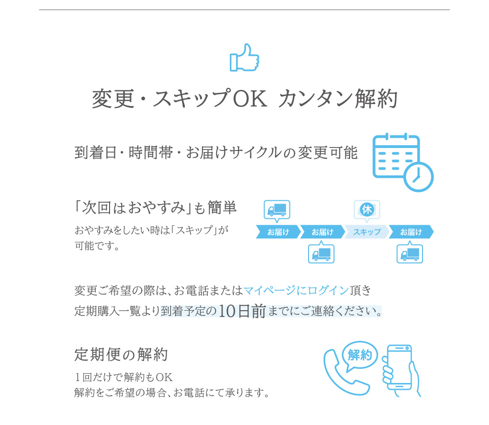 お客様のご都合に合わせて到着日・時間帯の変更ができます。1回のお届けで解約も可能です。解約をご希望の場合はお電話：0120-417-705にて承ります。