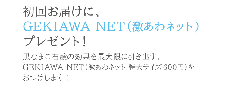 初回お届けに、GEKIAWA NET（600円相当のオリジナル特大サイズ泡立てネット）プレゼント！