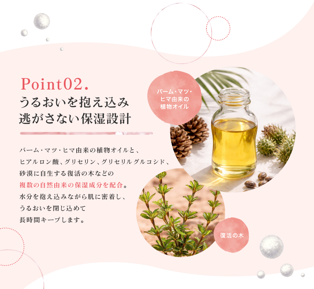 パーム・マツ・ヒマ由来の植物オイルと、ヒアルロン酸や、グリセリン、砂漠に自生する復活の木などの複数の自然由来の保湿成分を配合。黒なまこのリンクルクリームは、水分を抱え込みながら肌に密着し、うるおいを閉じ込めて長時間キープする保湿設計です。