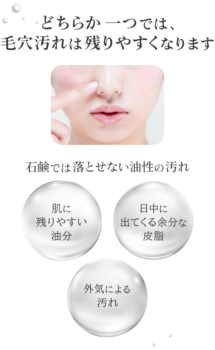 石鹸では落とせない油性の汚れは酸化すると、肌トラブルや毛穴の黒ずみの原因になります。メイクをしてない日も、クレンジングで毛穴の黒ずみを毎日きちんと落とすことで、角栓が小さくなり、毛穴が目立たなくなります。