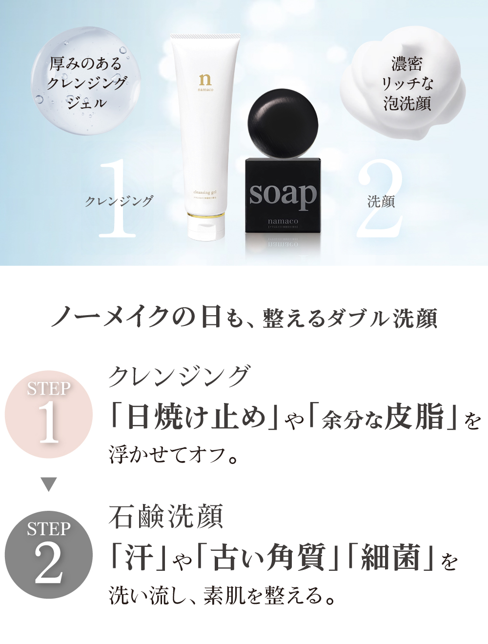 ノーメイクの日も、やさしく整えるダブル洗顔。