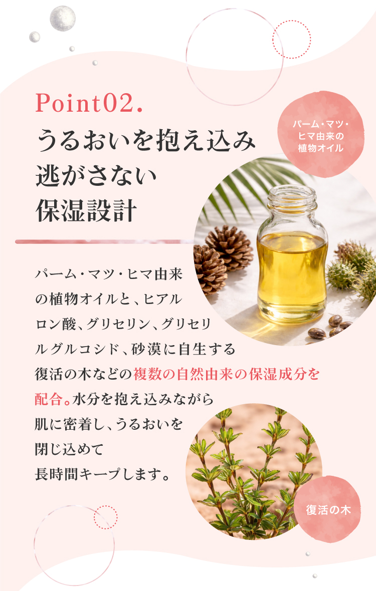 パーム・マツ・ヒマ由来の植物オイルと、ヒアルロン酸や、グリセリン、砂漠に自生する復活の木などの複数の自然由来の保湿成分を配合。黒なまこのリンクルクリームは、水分を抱え込みながら肌に密着し、うるおいを閉じ込めて長時間キープする保湿設計です。