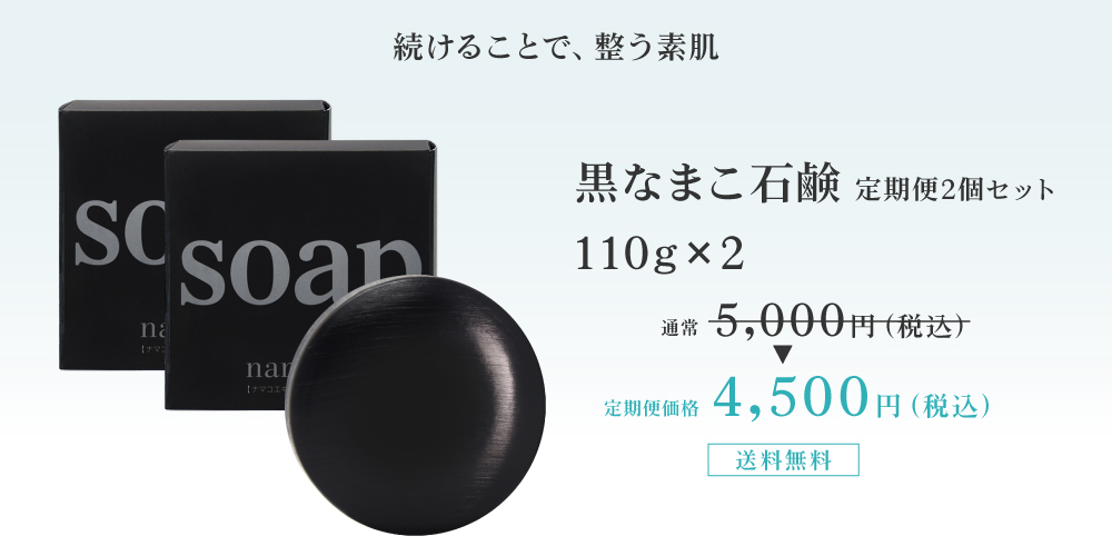 続けることで、整う素肌。黒なまこ石鹸 定期便2個セット 4500円 送料無料でお届けします。