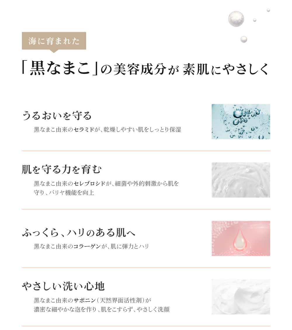 黒なまこには、サポニンやセラミド、コラーゲンなど、美容に嬉しい天然の保湿成分が豊富に含まれています。汚れを落としながらも しっかりお肌がうるおうので、洗い上がりにつっぱらず しっとりもちもち。うるおいを与えながら細かな濃密泡がお肌への摩擦を抑え、優しくスッキリ洗い上げます。