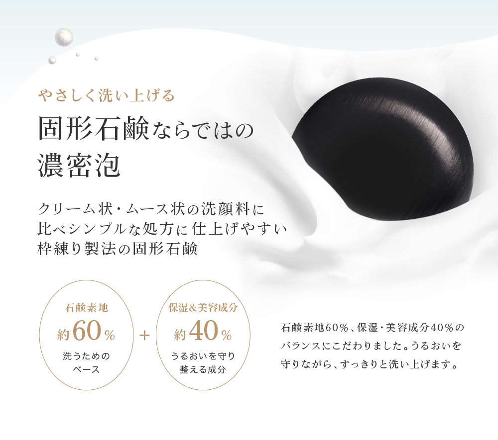 洗浄力と肌へのやさしさで選ぶなら、固形石鹸が一番。市販されているフォームタイプに使用されている安価な苛性ソーダではなく、肌にやさしい石鹸素地を使用し、昔ながらの枠練製法により手間ひまかけて作りあげました。