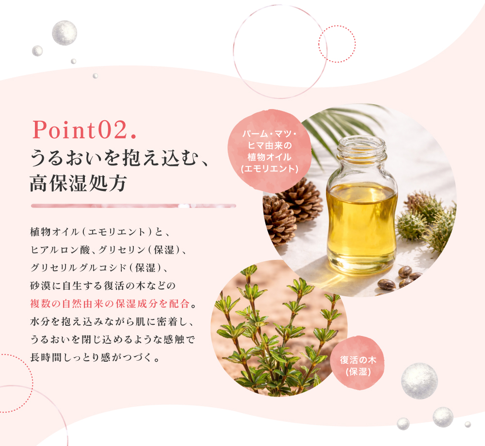 パーム・マツ・ヒマ由来の植物オイルと、ヒアルロン酸や、グリセリン、砂漠に自生する復活の木などの複数の自然由来の保湿成分を配合。黒なまこのリンクルクリームは、水分を抱え込みながら肌に密着し、うるおいを閉じ込めて長時間キープする保湿設計です。