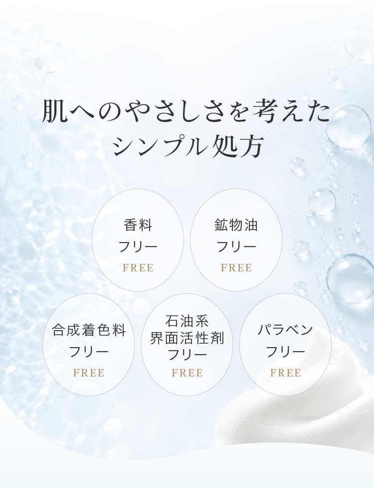 不要な添加物は一切不使用。香料・鉱物油・石油系界面活性剤・合成着色料・パラベンなど使用せず、無添加にこだわりました。