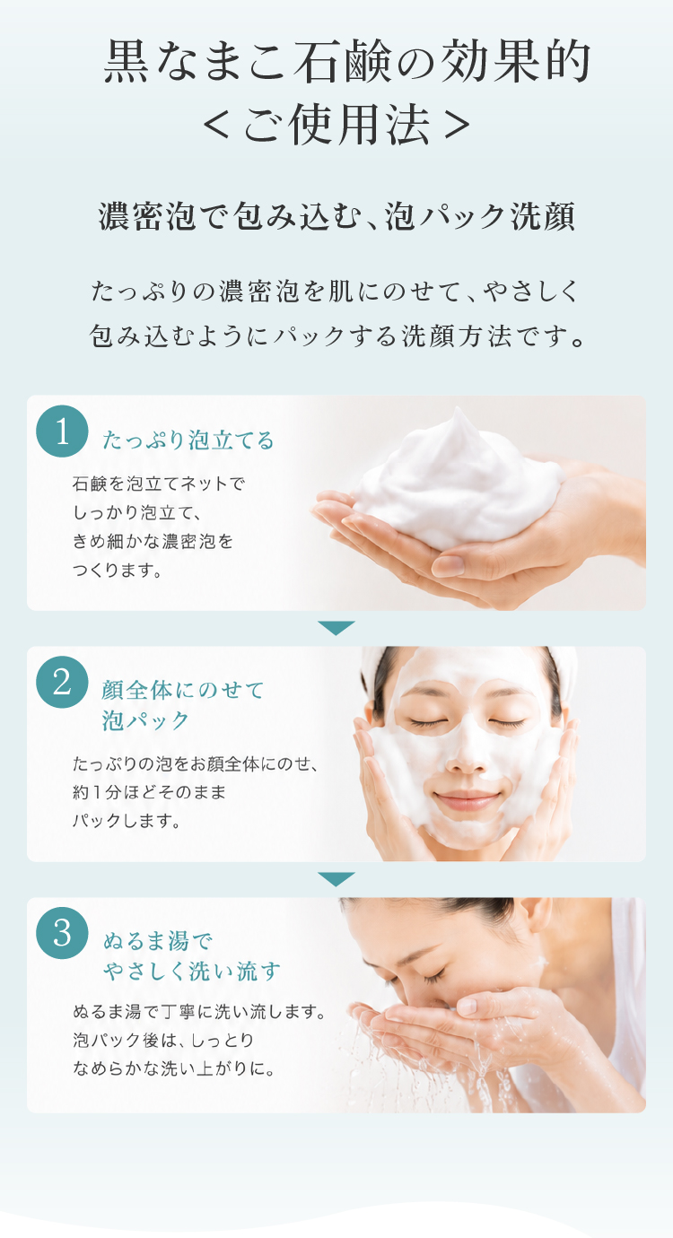 肌の汚れをキチンと落とし、肌の新陳代謝を活性化させることが若々しい肌を持続させる秘訣です。①ネットを水で濡らしてさっと水を切り、石鹸を4～5回こすりつけてください。ネットに石鹸をよくなじませるようにグニャグニャ揉んでください。②両はしを持って中に空気を入れ、軽いタッチで交互にこすります。泡を中央に集めて絞り出してください。③顔全体に広げて優しく泡で洗い、ぬるま湯で洗い流してください。