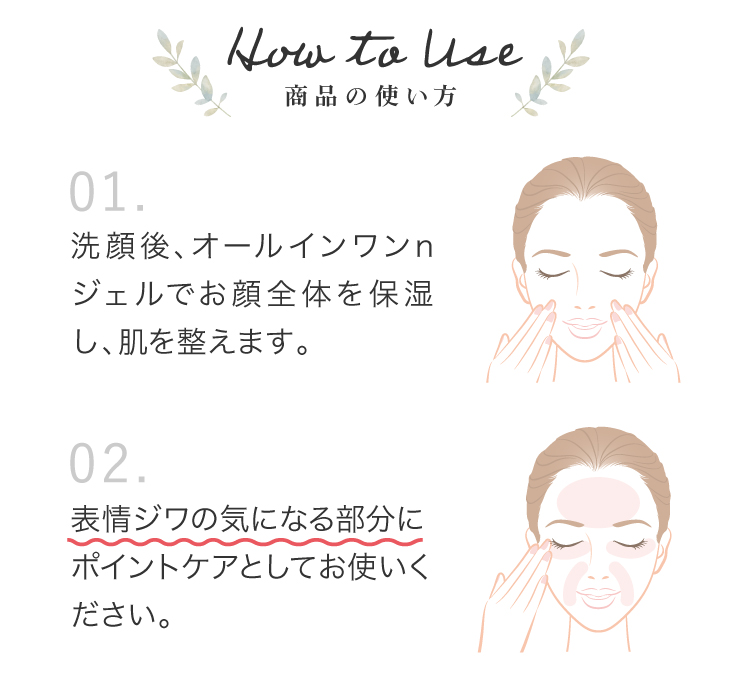 黒なまこのリンクルnクリームの使い方。1.洗顔後、オールインワンnジェルでお顔全体を保湿し、肌を整えます。2.表情ジワの気になる部分にポイントケアとしてお使いください。